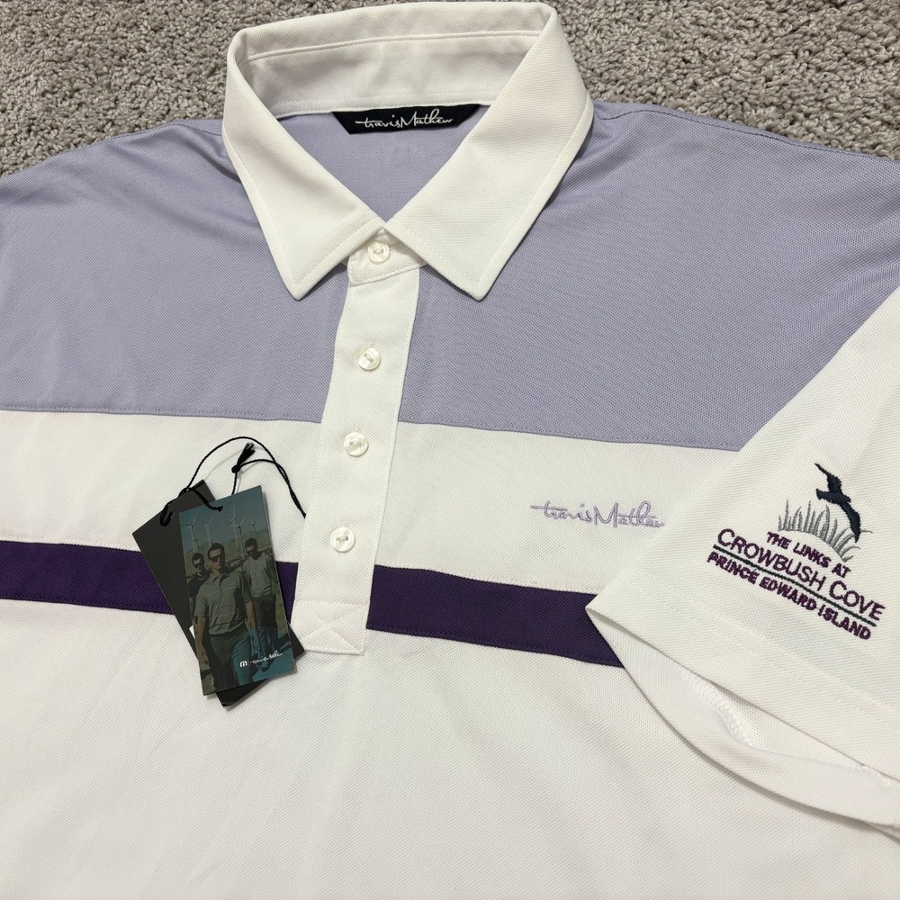 NWT Travis Mathew Polo Golf Shirt Stretch Striped Colorblock Lavender Mens XXL